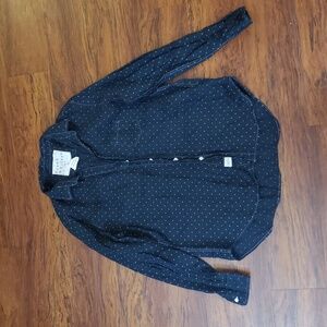 Frank And Eileen Navy Polka Dot Eileen 100% Linen Long Sleeve Button Down Size S